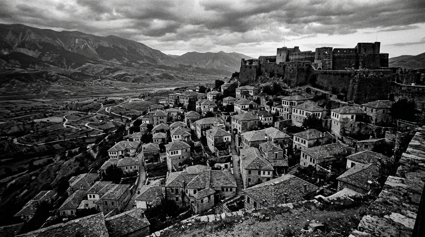 Gjirokastër widziana z góry, kamienne domy z łupkowymi dachami, twierdza na wzgórzu, dolina w tle