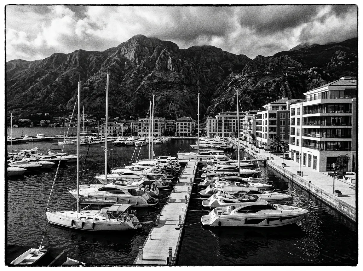Porto Montenegro, marina z jachtami, góry w tle, nowoczesna zabudowa nad wodą