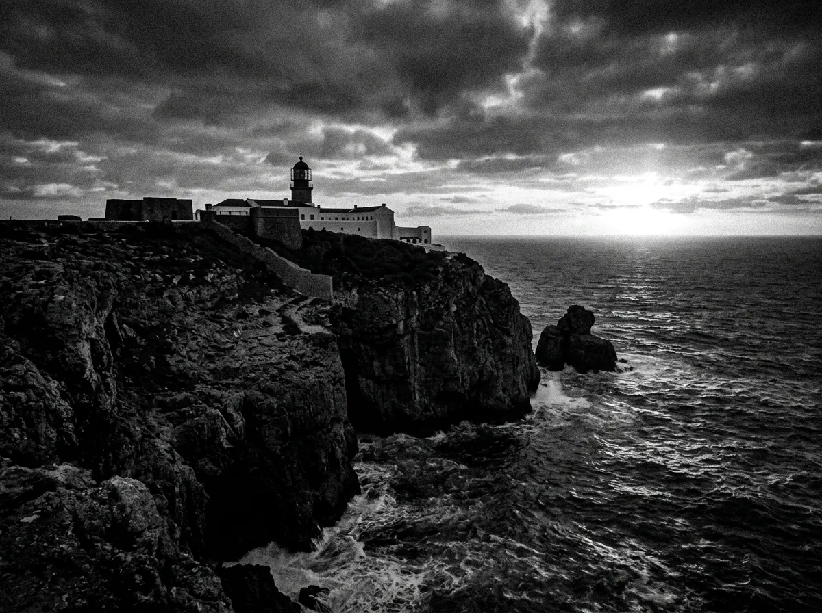 Cabo de São Vicente, latarnia morska na klifie, zachód słońca