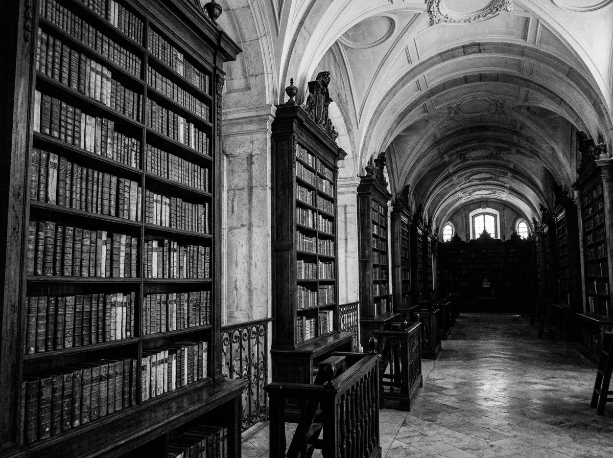 Biblioteka pałacu Mafra, stare tomy na drewnianych regałach do sufitu