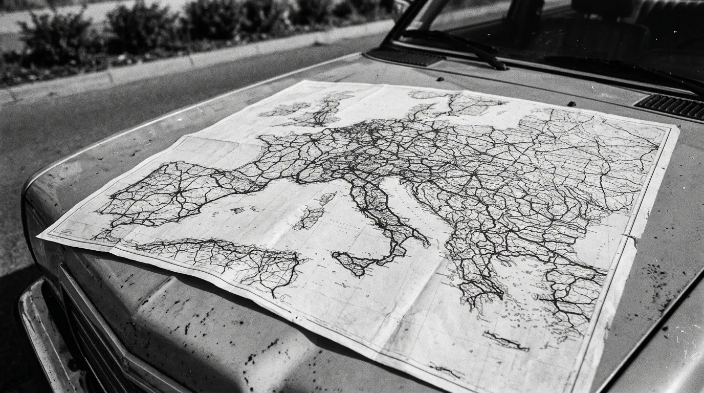 Mapa Europy Południowej z zaznaczonymi drogami, rozłożona na masce auta
