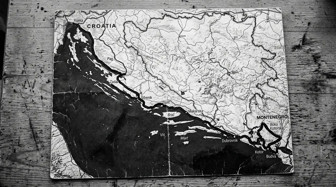Mapa z zaznaczoną trasą road tripu wzdłuż wybrzeża Adriatyku, z Chorwacji do Czarnogóry