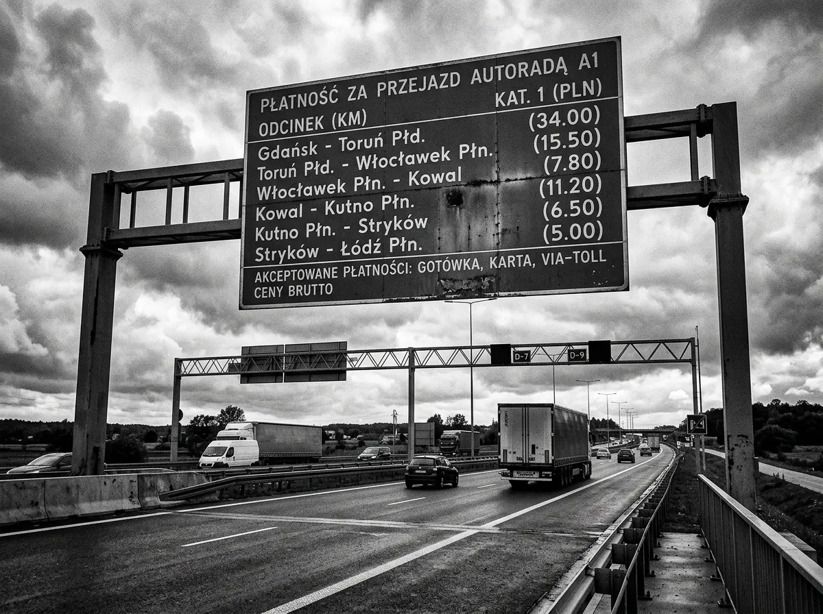 Tablica informacyjna na autostradzie z cenami opłat za poszczególne odcinki