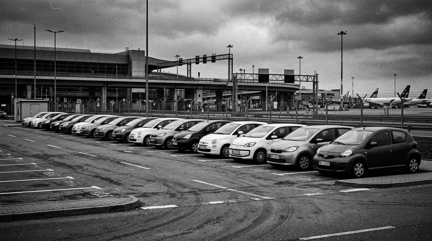 Parking przy wypożyczalni aut na lotnisku, rząd małych samochodów ekonomicznych