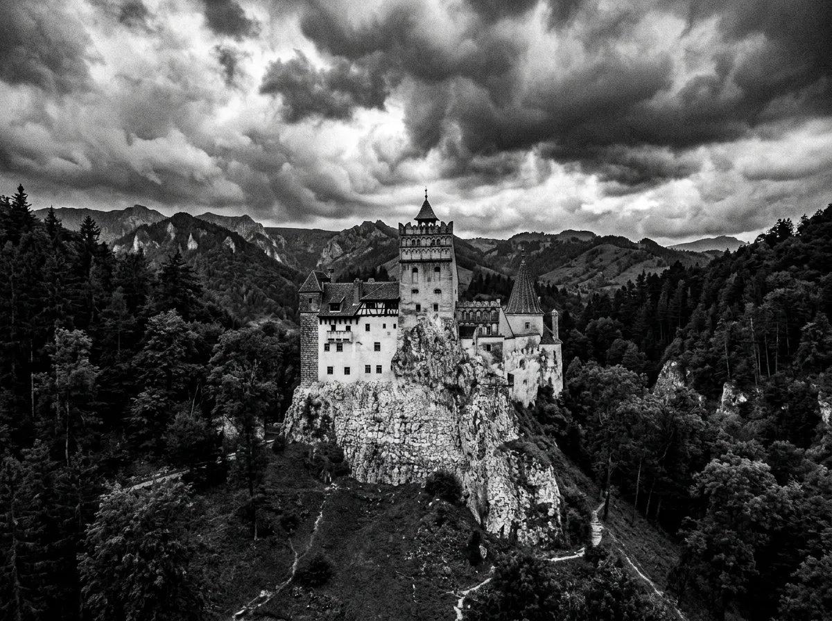 Zamek Bran na skale, wieżyczki i dachy z dachówki, Karpaty w tle, dramatyczne chmury