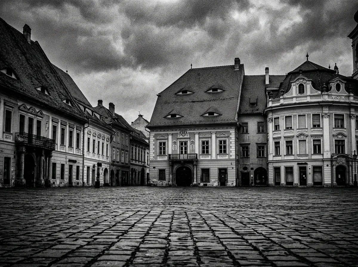 Kamienice z "oczami" na dachu w Sibiu, kolorowe fasady, brukowany rynek
